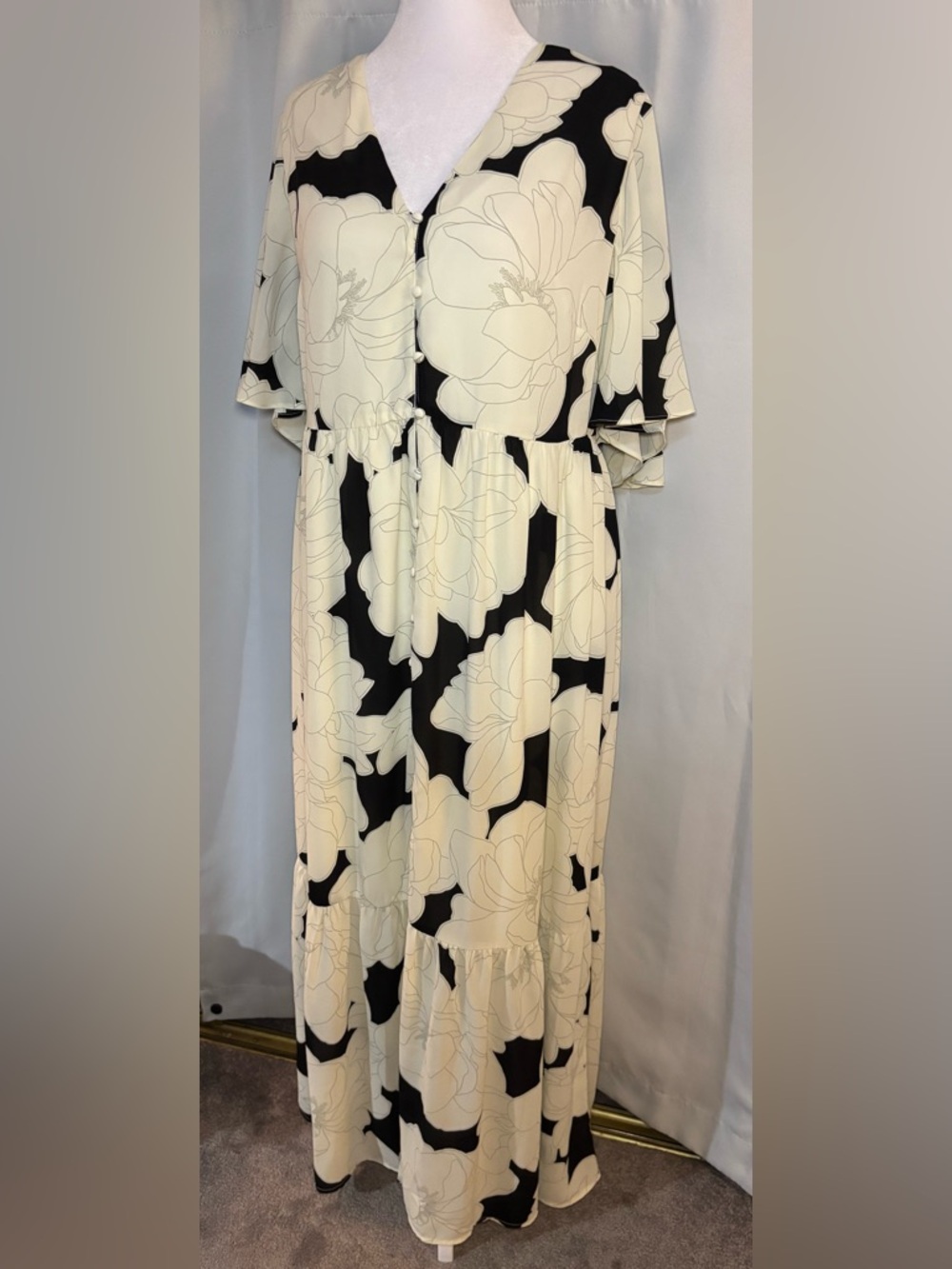 Sugarlips Floral Maxi Dress 2X Black Cream Button Front Boho - Picture 4 of 7